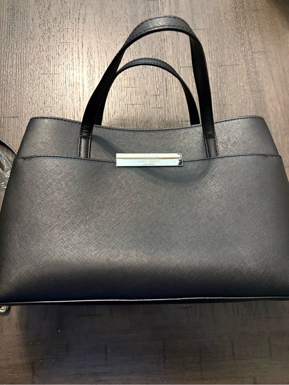 kate spade black saffiano tote with silver plaque